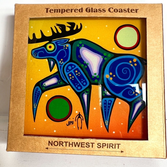 Tile Coaster Set Of 4 Tempered Glass Northwest Spirit MOOSE First Nation Artist - Picture 1 of 5